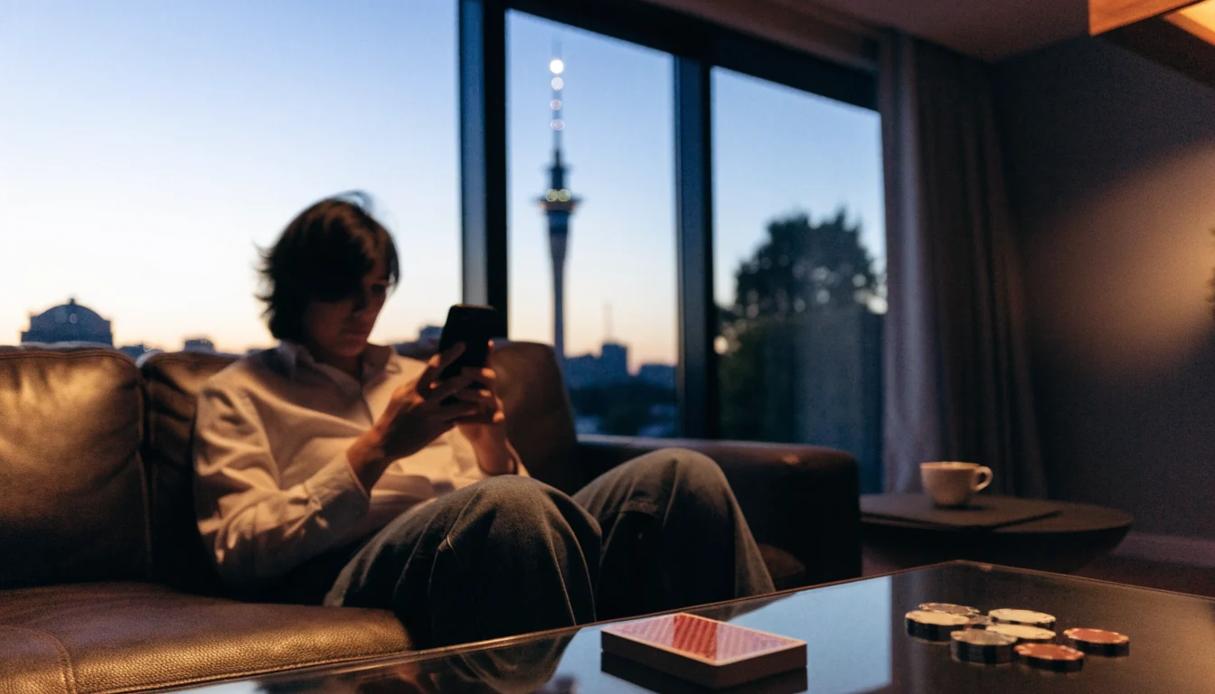 New Zealander relaxing at home with smartphone, Auckland skyline visible through window