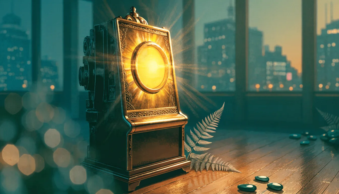 Golden slot machine with New Zealand fern and pounamu tokens, cinematic warm lighting.
