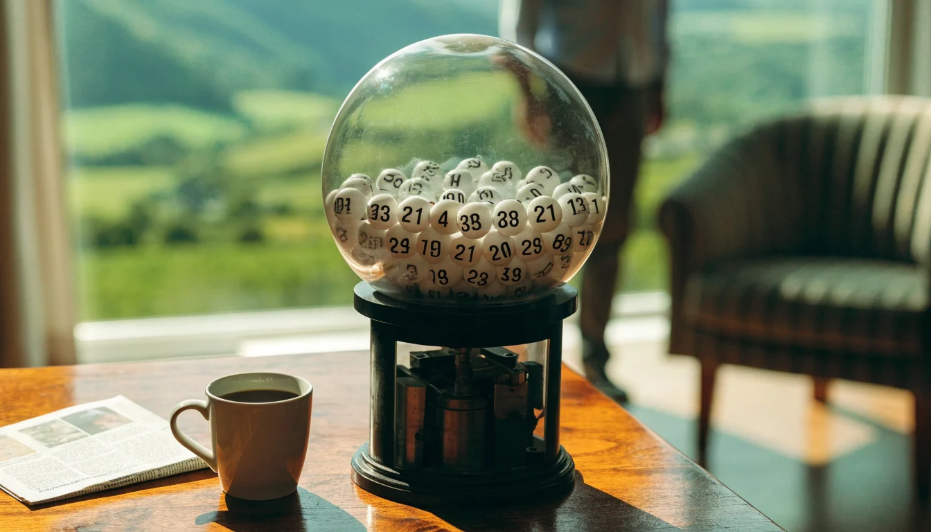 Keno ball drawing machine on wooden table with New Zealand hills through window