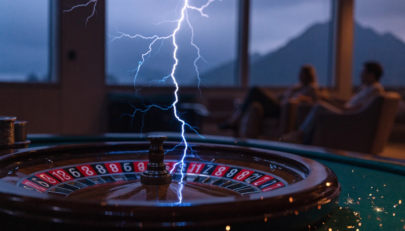 Lightning striking a casino roulette wheel on a green table