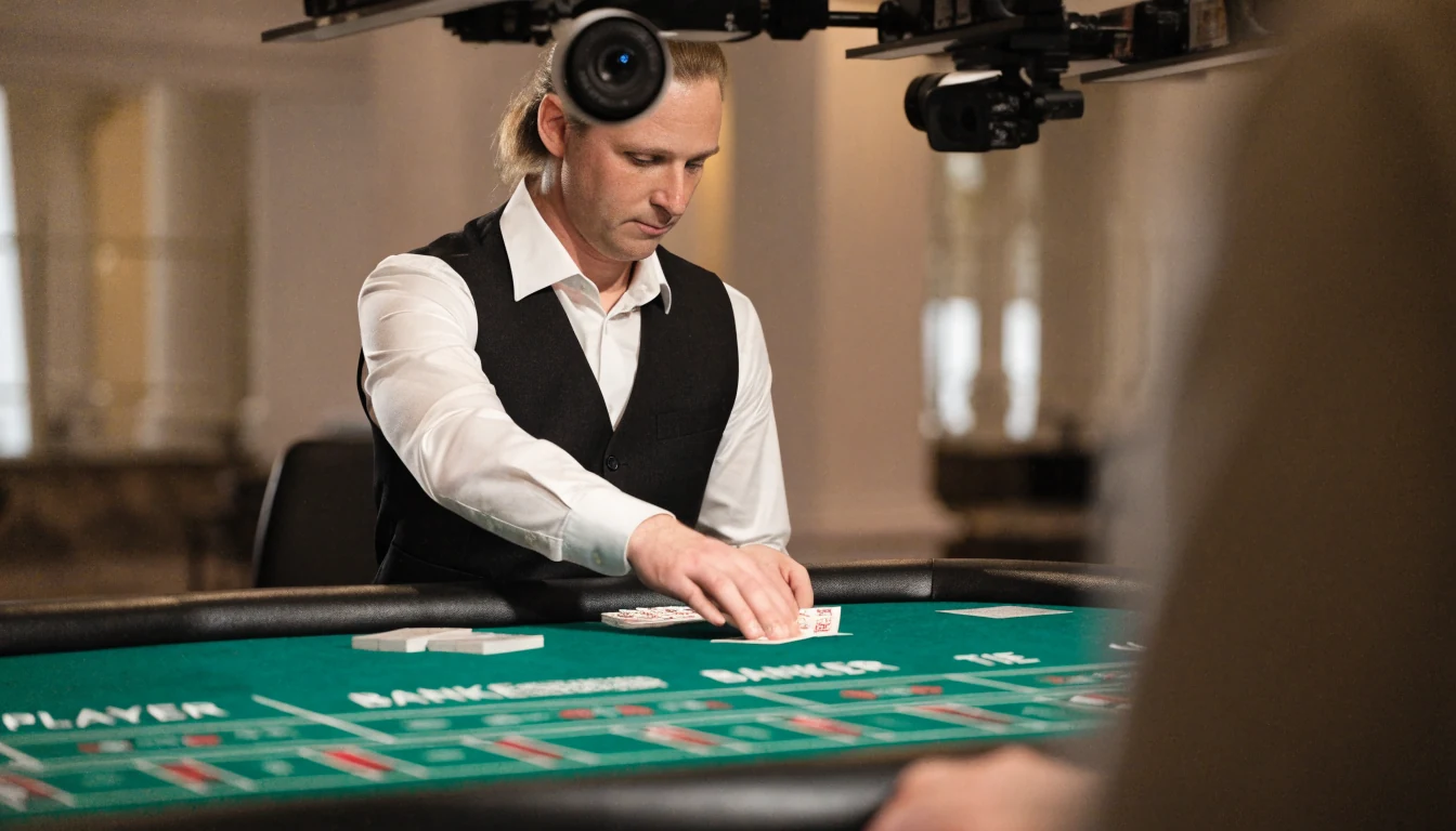 Live baccarat dealer in a studio dealing real cards at a casino table