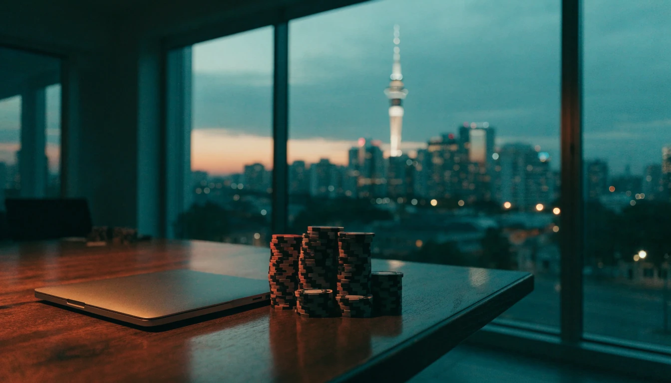 Casino chips and a closed laptop on a table with Auckland skyline at dusk