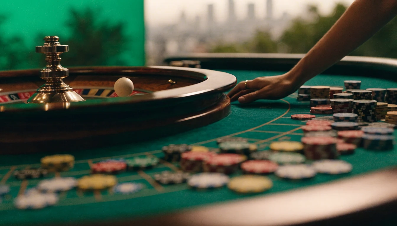 Live dealer roulette studio with wooden wheel and colorful chips, Auckland skyline blurred behind.