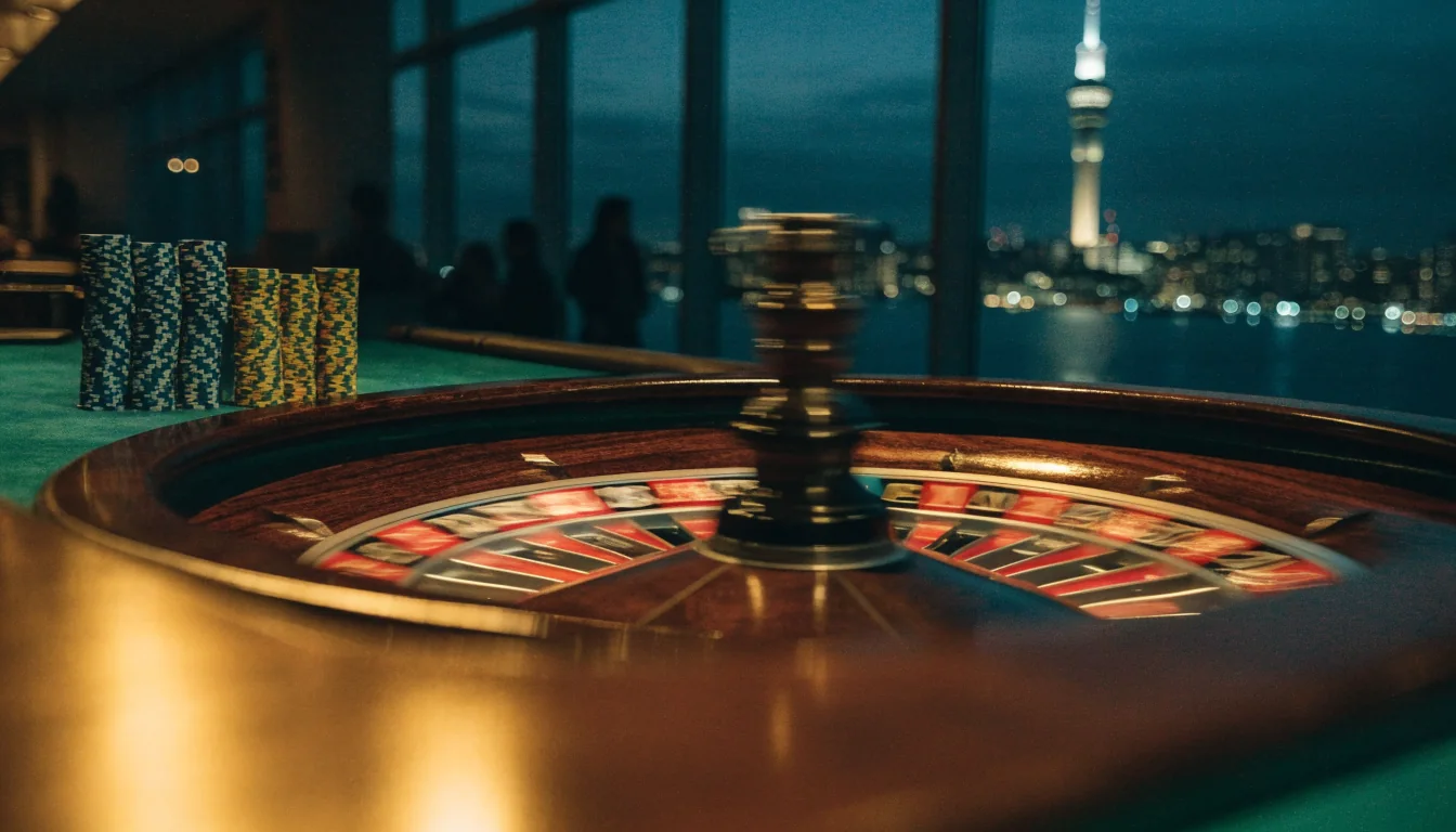 Roulette wheel on casino table with Auckland skyline at night