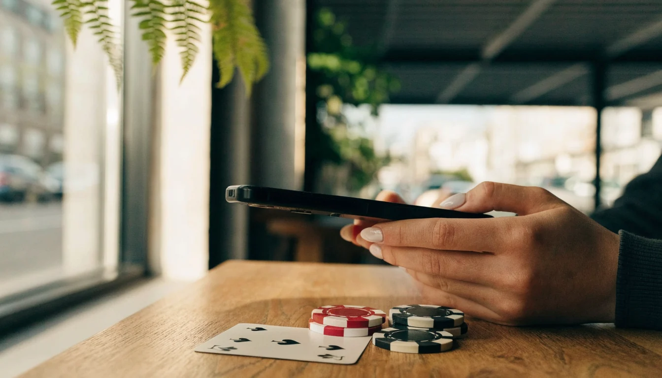 Hands holding a smartphone on a café table with casino chips and a playing card in New Zealand