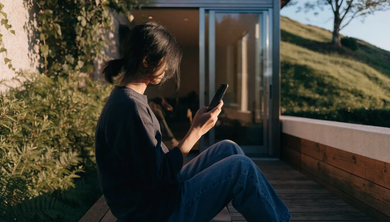 Person holding a smartphone at a New Zealand home deck with green hills behind