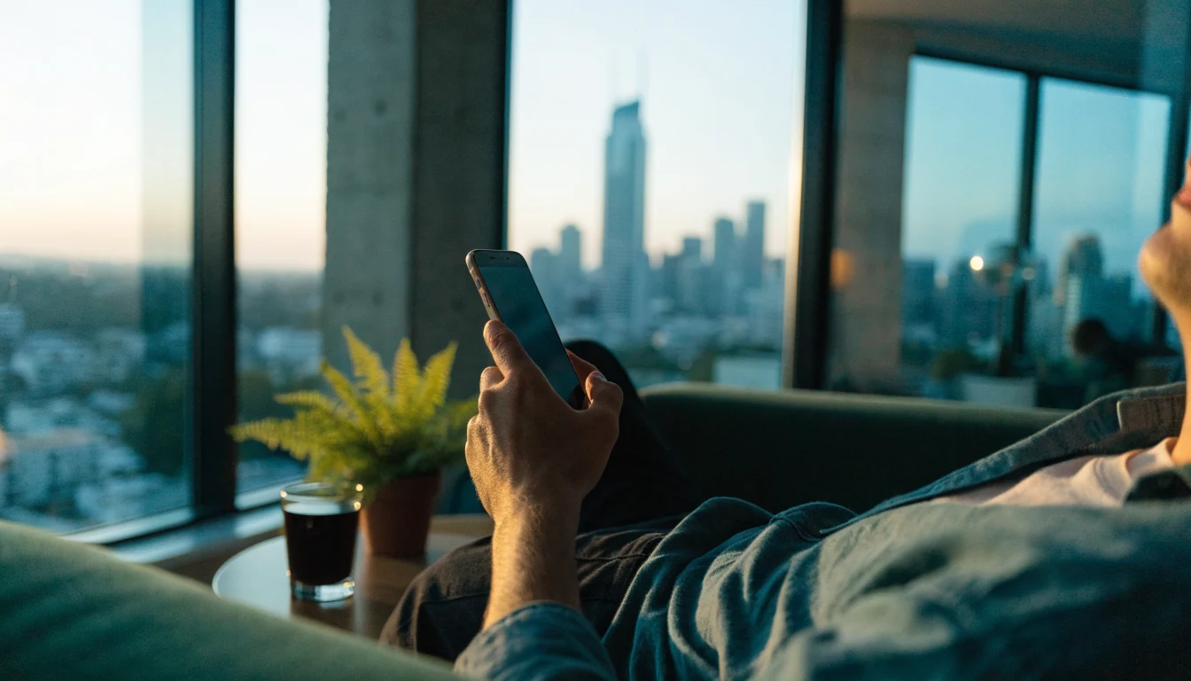 Person in a New Zealand apartment holding a smartphone casually while relaxing.