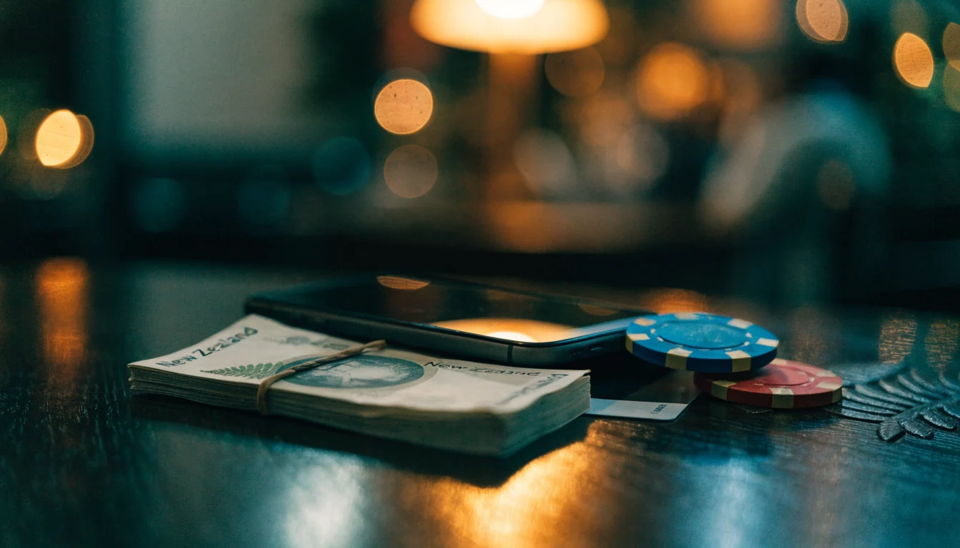 New Zealand dollars, credit card, casino chips and a turned-away smartphone on a wooden table.