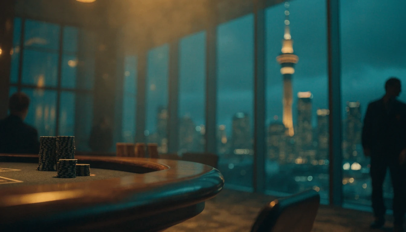 Modern New Zealand casino interior with roulette table and city skyline at night