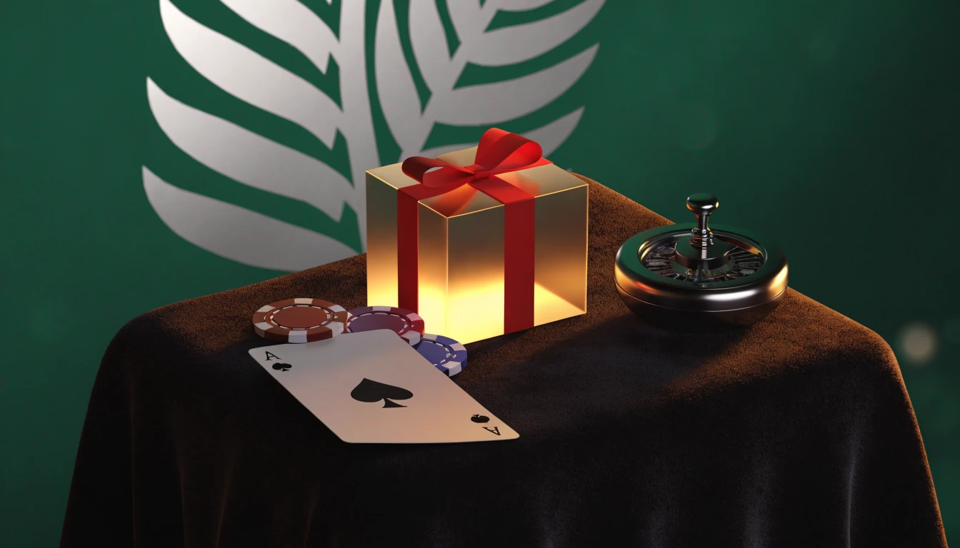Stylized illustration of casino chips, a card, and a gift box with silver fern accents, representing a New Zealand no-deposit bonus theme.