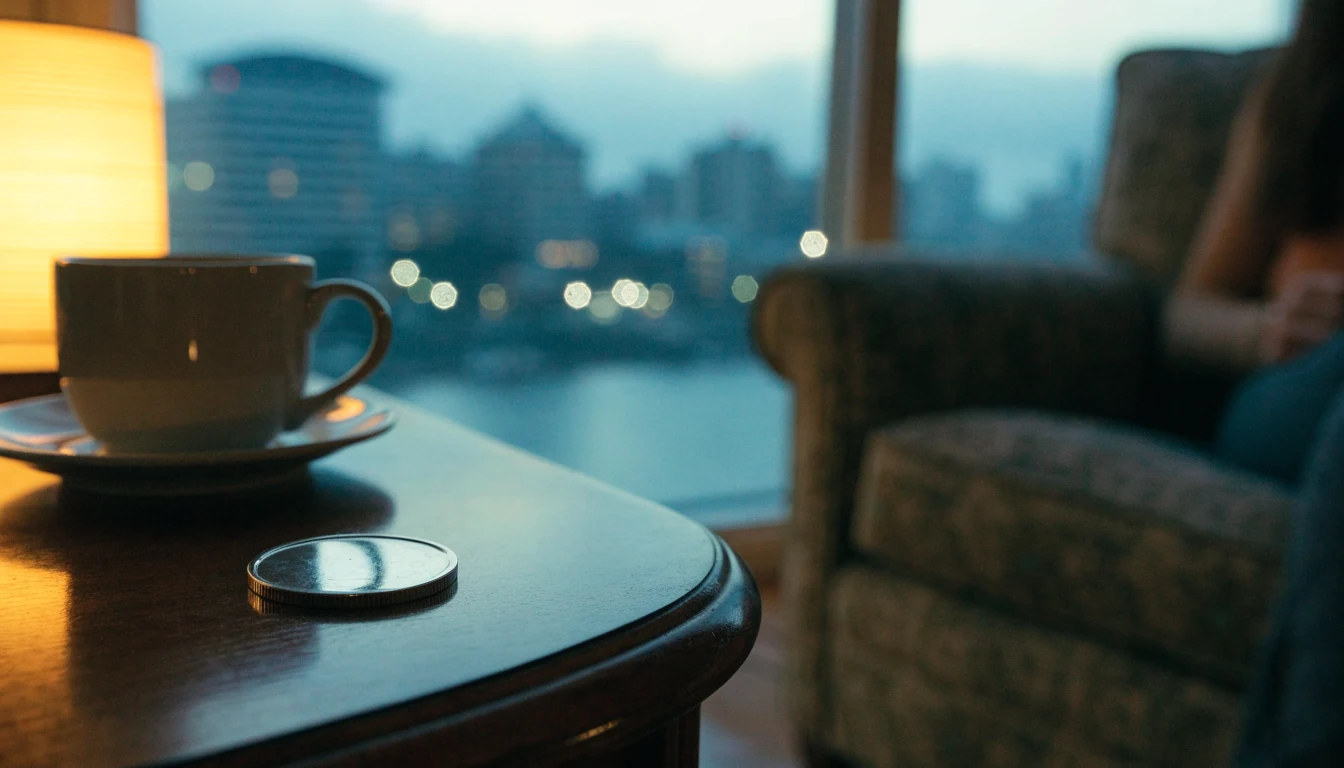 Silver coin on a wooden table in a New Zealand home at dusk