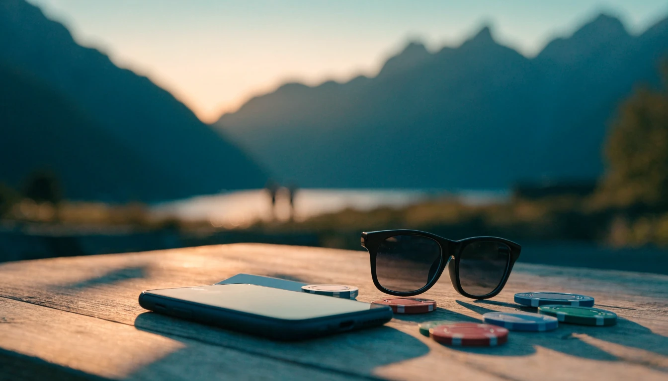 Smartphone, sunglasses, and casino chips on a table with a New Zealand landscape at dusk.