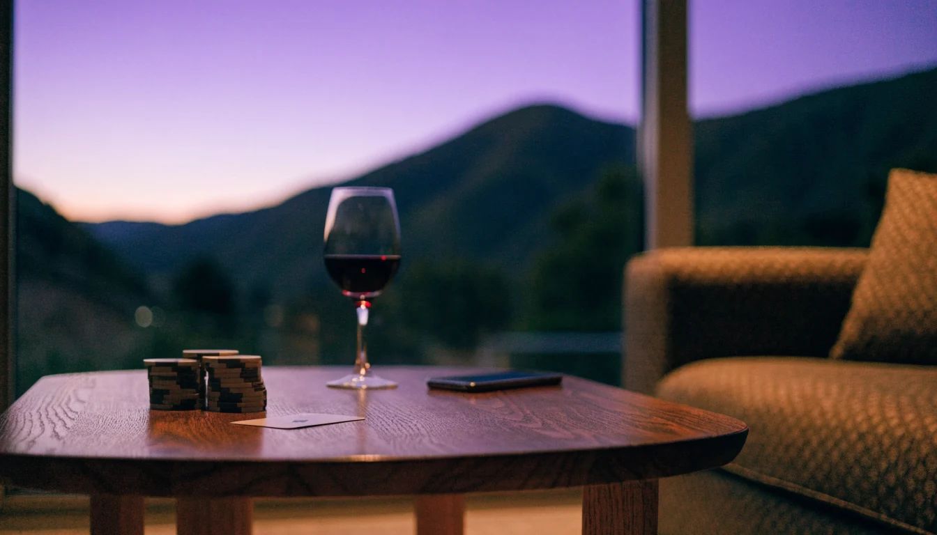 Casino chips and card on a table with New Zealand hills at dusk.