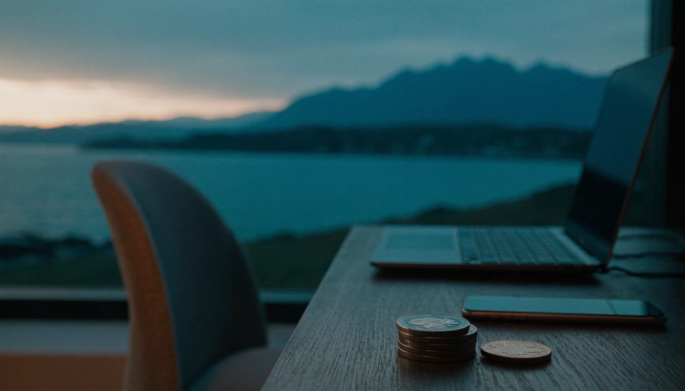 Laptop and crypto coins on a coastal New Zealand table at dusk