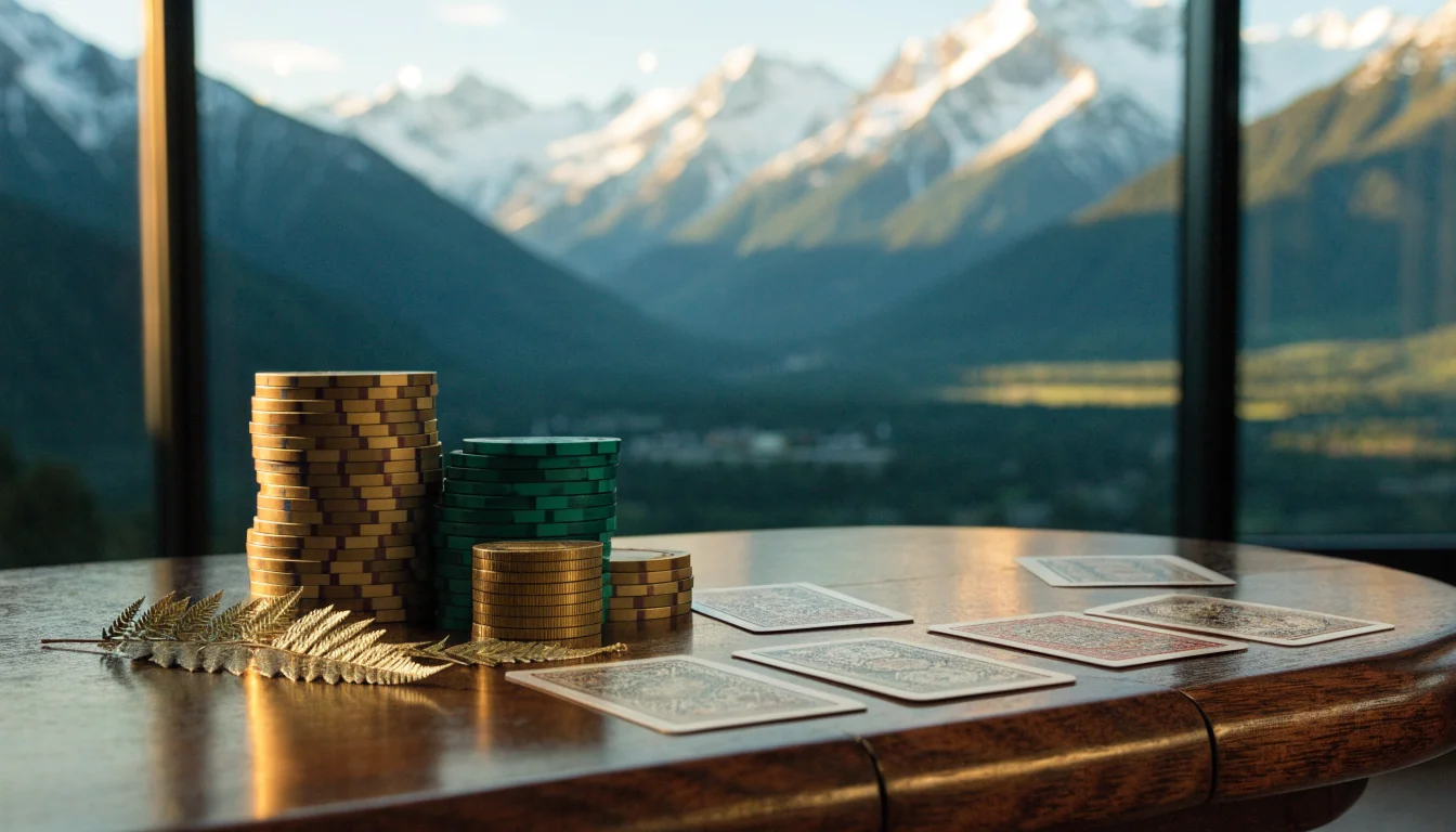 Casino chips and face-down cards on a wooden table with New Zealand Alps view through a window