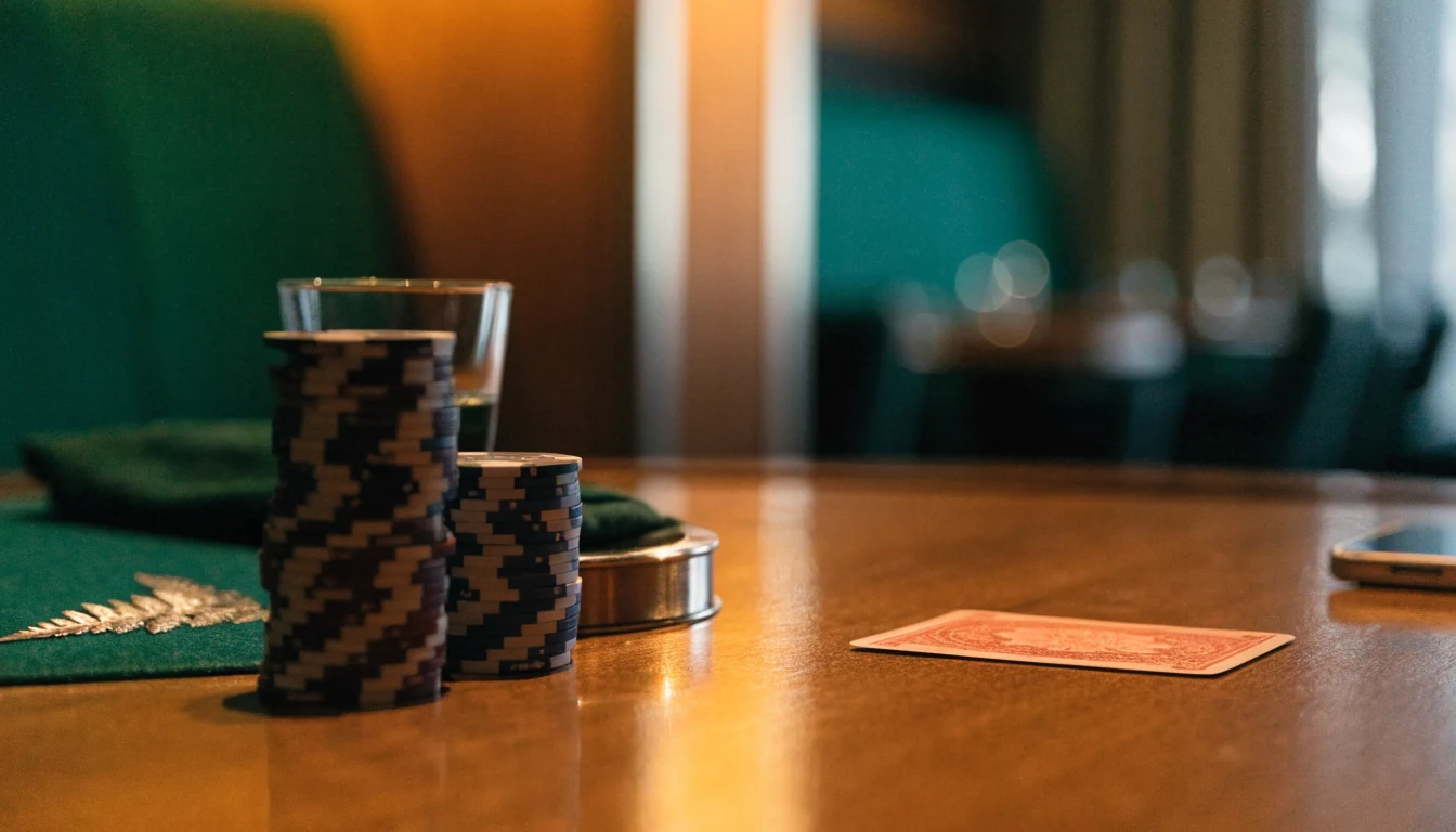 Elegant baccarat table with chips and face-down smartphone, New Zealand fern accent