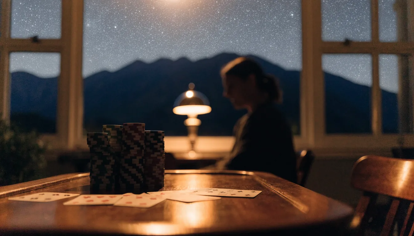 Cozy game room with blackjack table, chips, and New Zealand mountain view at night