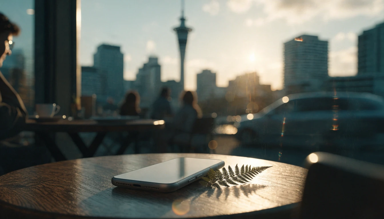 Smartphone on a cafe table with Auckland Sky Tower at golden hour