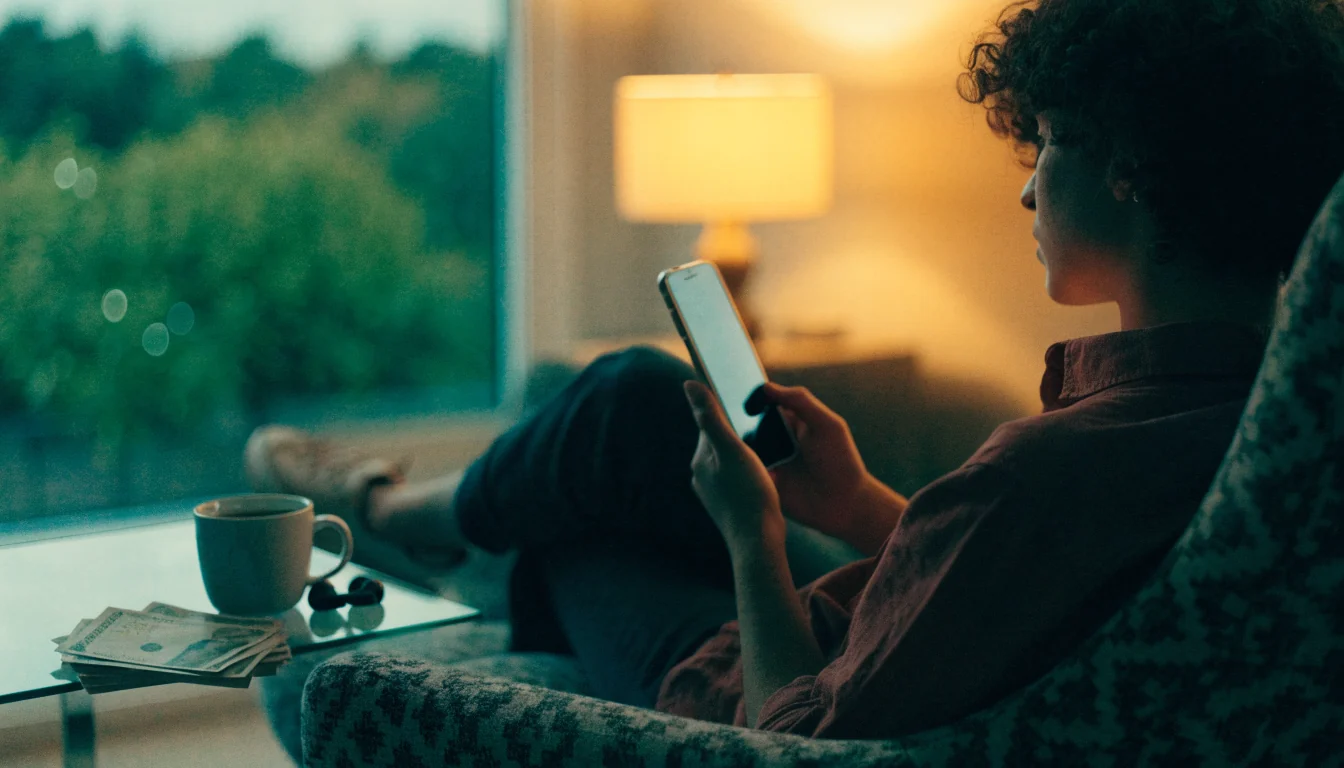 Person holding a smartphone in a modern New Zealand living room at dusk with cash nearby