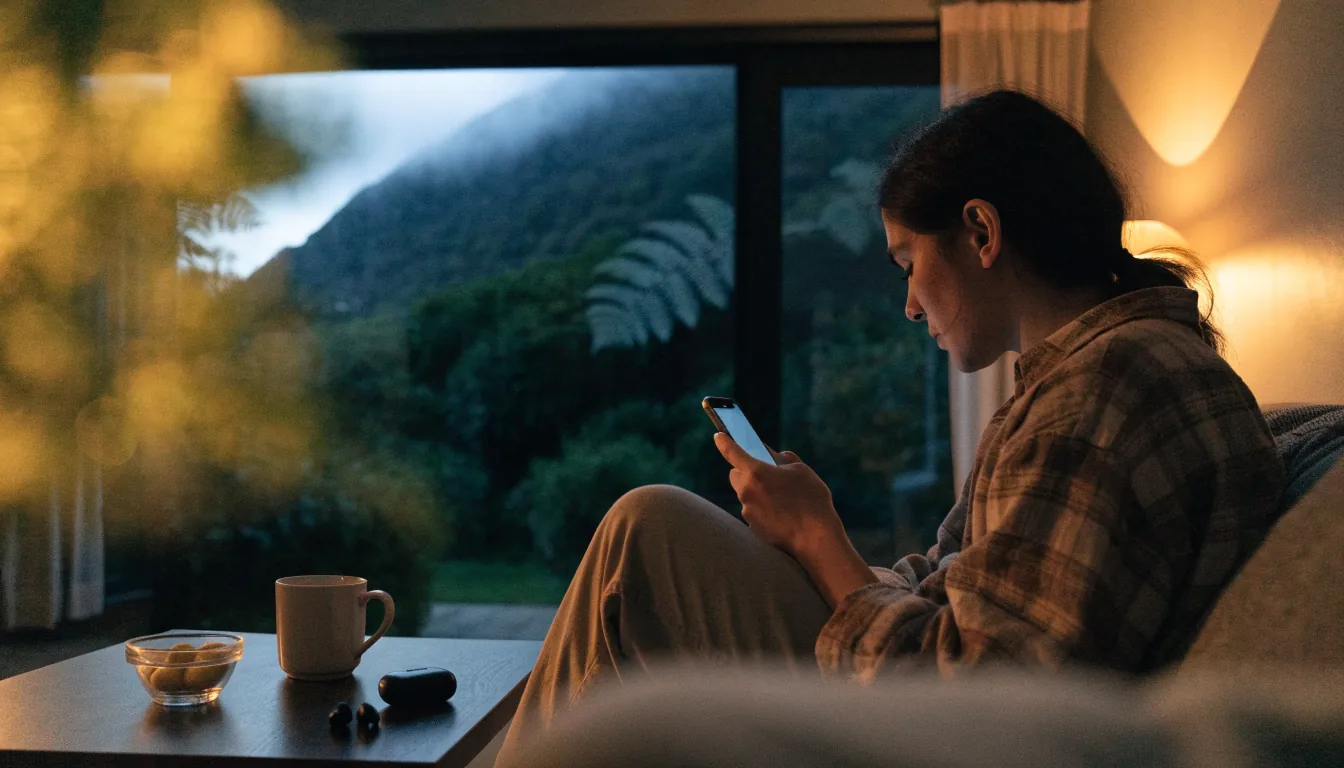 Person relaxing on sofa in New Zealand home with smartphone, screen hidden