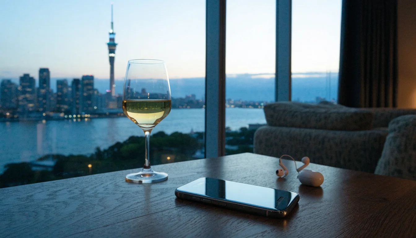 Smartphone on a table with Auckland skyline view at dusk