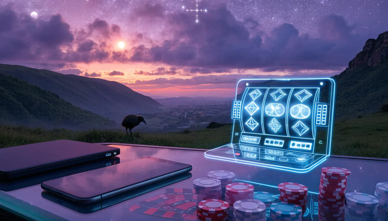 Futuristic neon slot scene over New Zealand landscape with devices and casino items