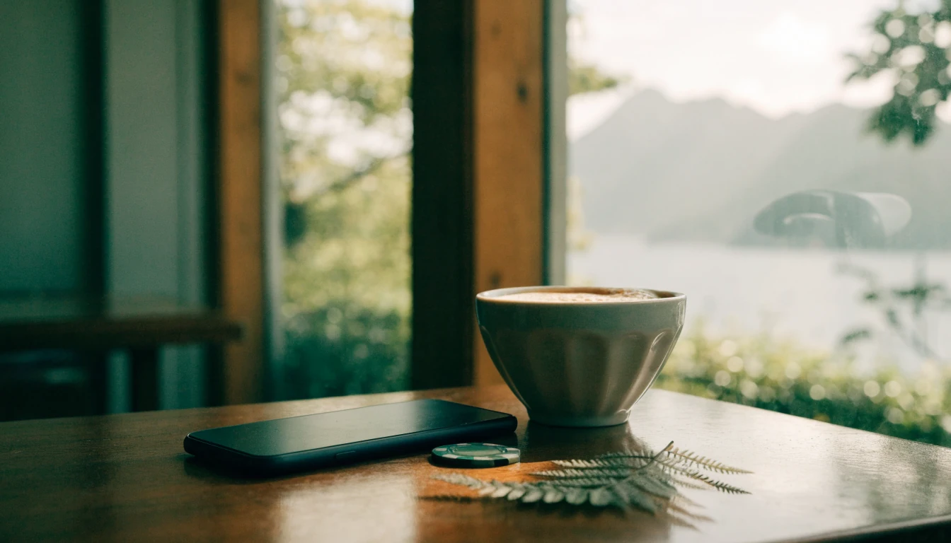 Smartphone face-down on a wooden table with a poker chip, coffee cup, and silver fern.