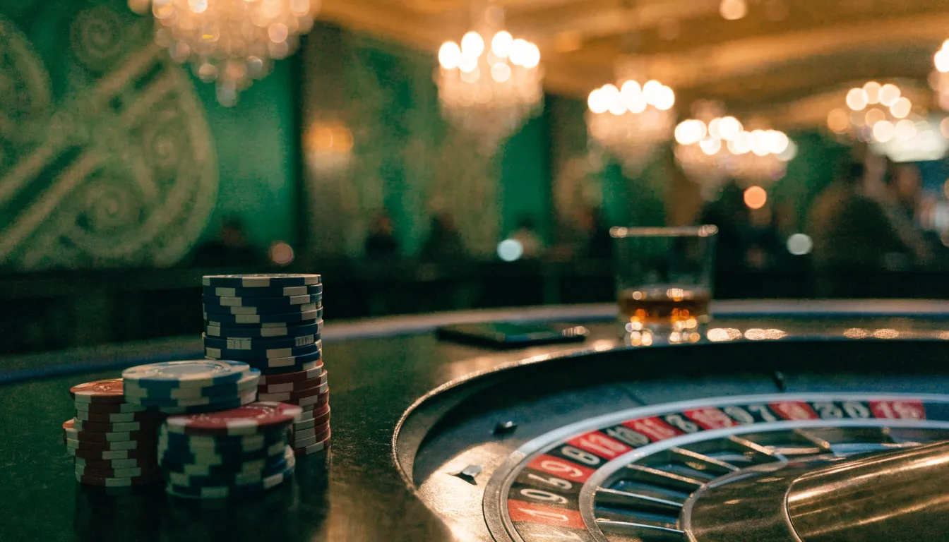 Elegant Auckland casino interior with roulette wheel and chips on a green table at evening.