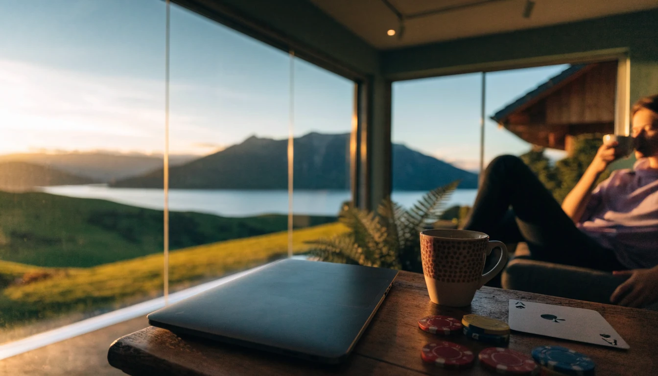 Cozy New Zealand lounge with laptop, coffee, silver fern, casino chips, and a sunset mountain view through the window.