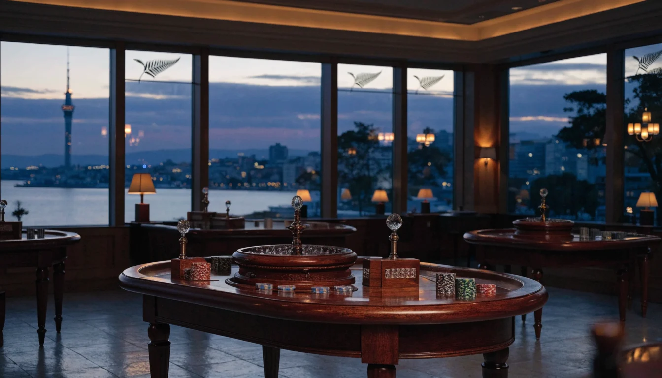 Elegant New Zealand casino interior with harbor view and gaming tables