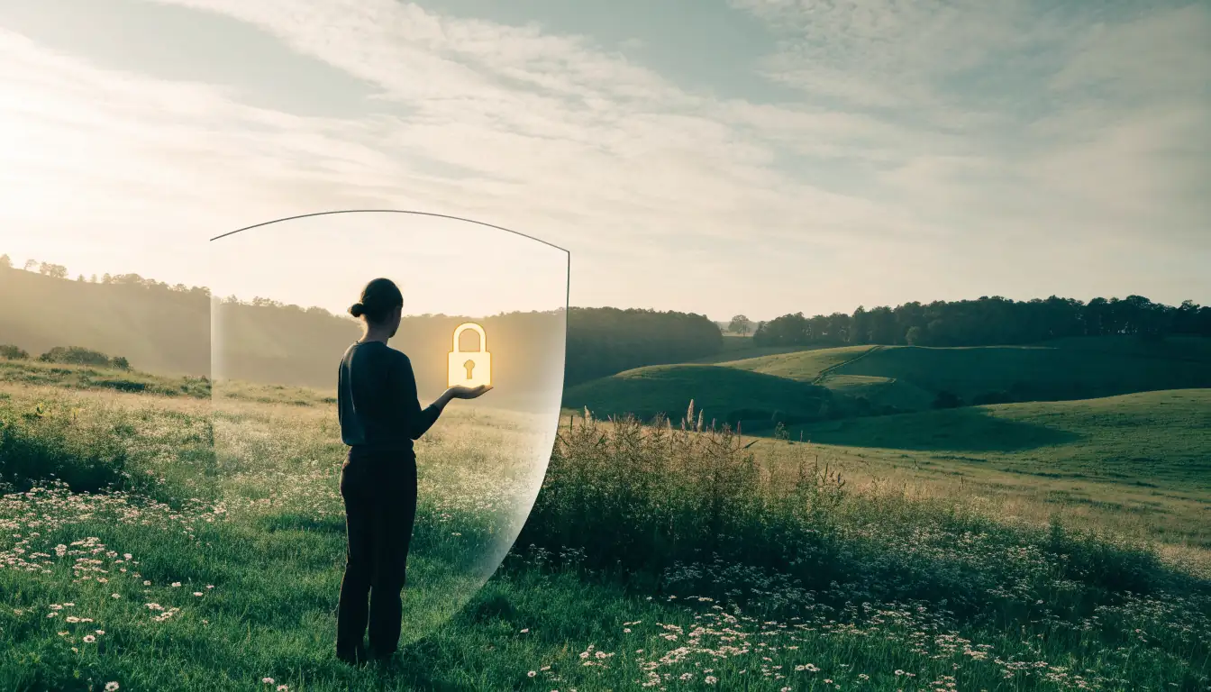 Person holding a glowing padlock in a serene New Zealand meadow behind a glass shield.