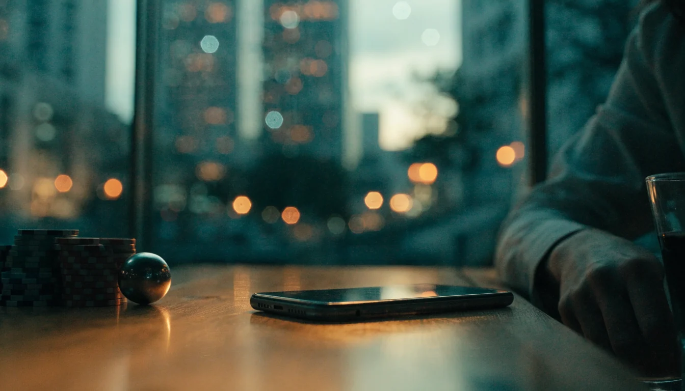 Smartphone face-down on a New Zealand café table with casino chips and a roulette ball in moody evening light.