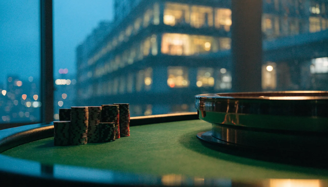 Elegant casino table with chips and roulette wheel in New Zealand city at night