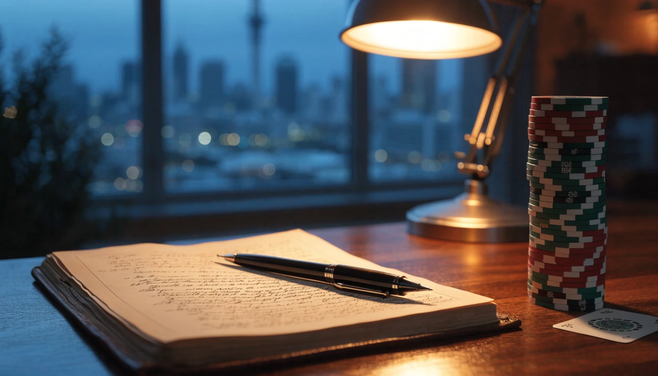 Casino chips and legal document on desk with Auckland skyline at dusk