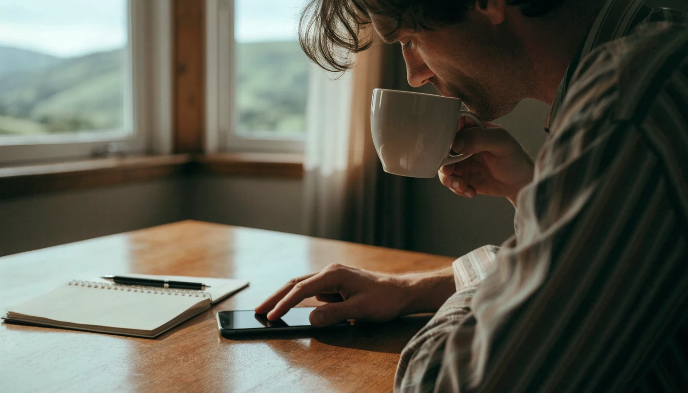 Man at a kitchen table setting down his phone face-down, taking a reflective pause.
