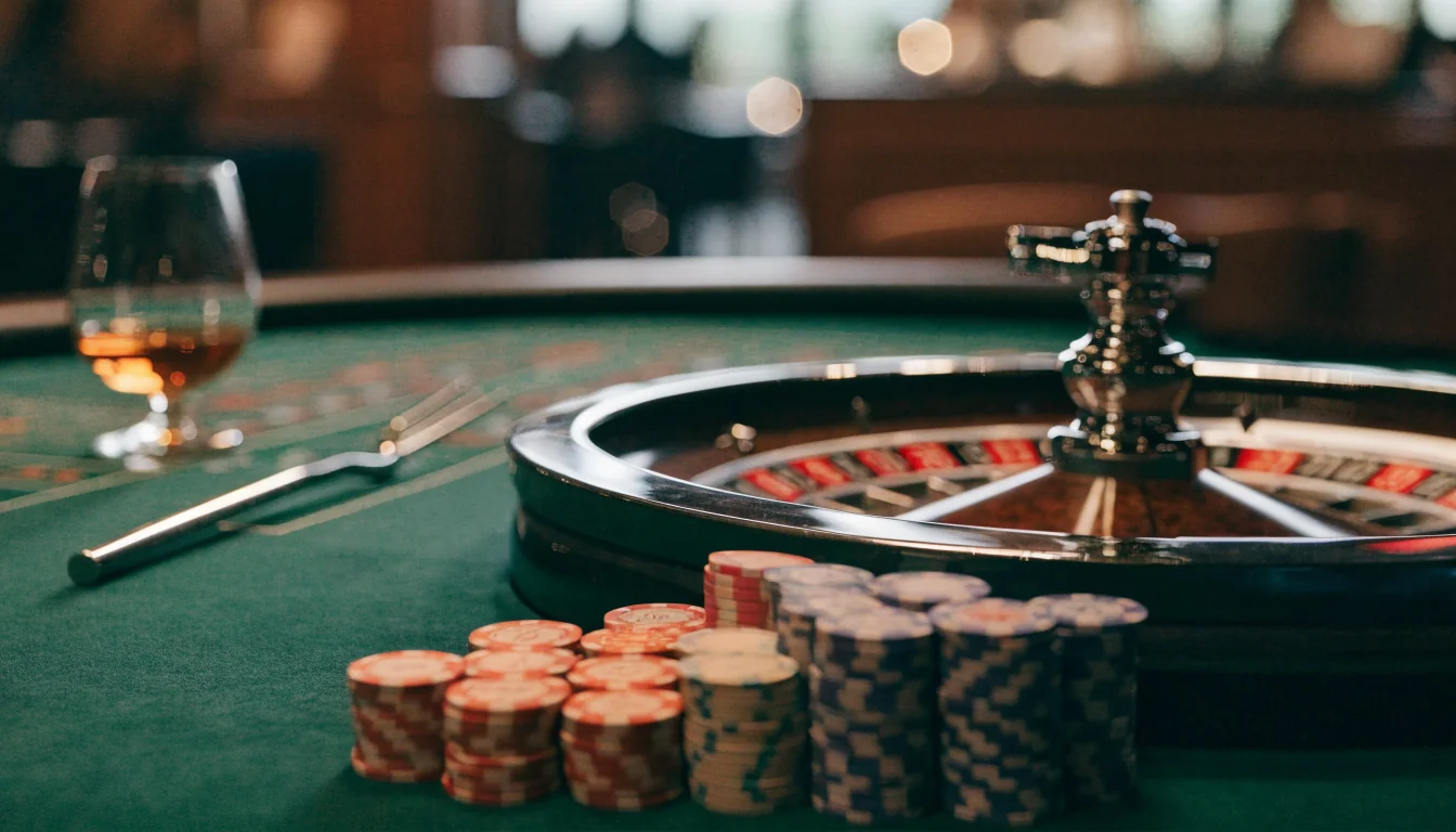 Elegant roulette wheel on green felt table with stacks of casino chips