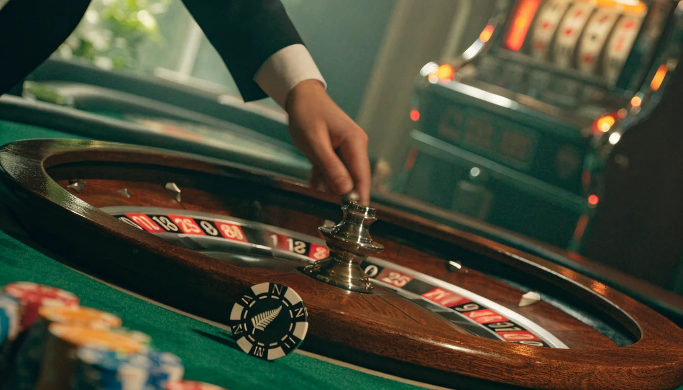 Roulette wheel spinning on a casino table with New Zealand-themed chip
