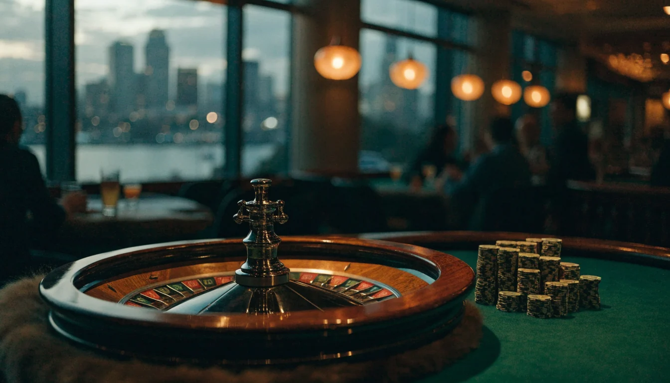 Classic roulette wheel with chips in an elegant New Zealand casino lounge at twilight