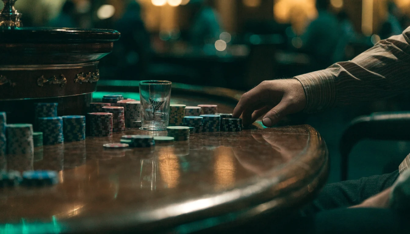 Roulette table scene with chips in a New Zealand casino lounge