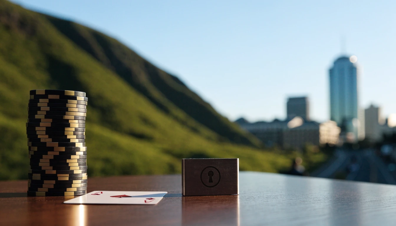Casino chips with a padlock on a table, New Zealand hills in the background