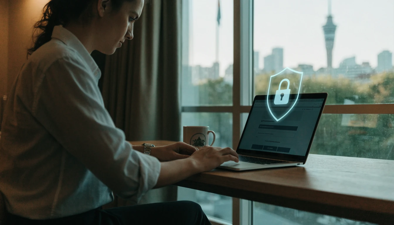 Person in Auckland reviewing a secure casino website on a laptop with a padlock shield