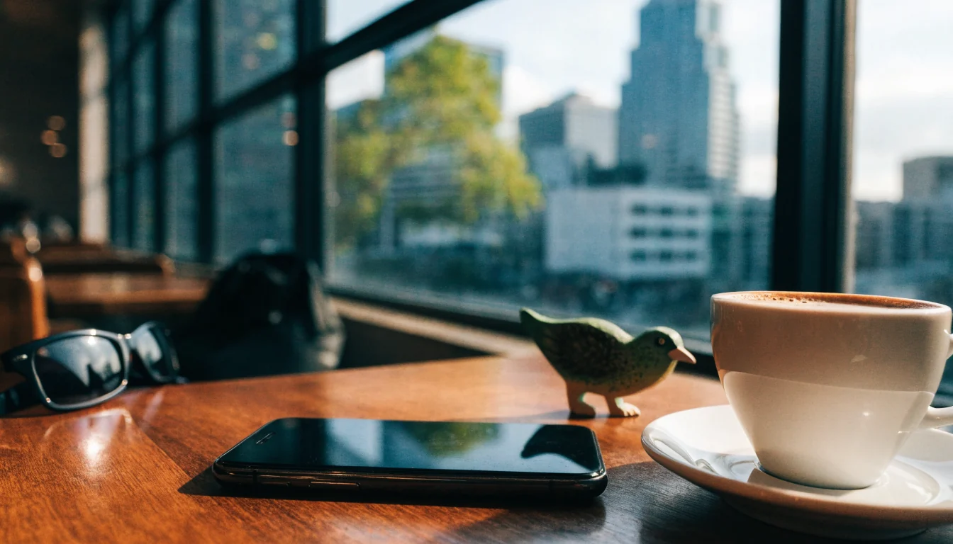 Smartphone on a café table in New Zealand with city view