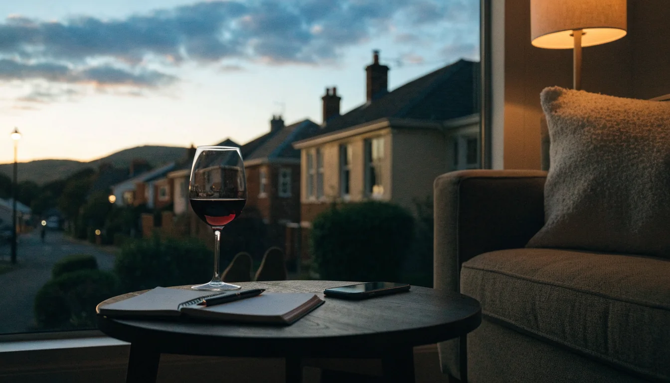 Cozy New Zealand living room at dusk with wine, notebook, and phone on table