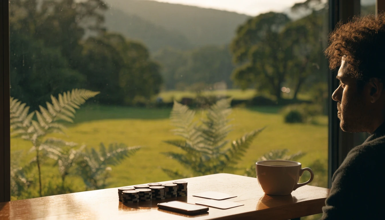Person at a table with casino chips and cards, overlooking New Zealand hills