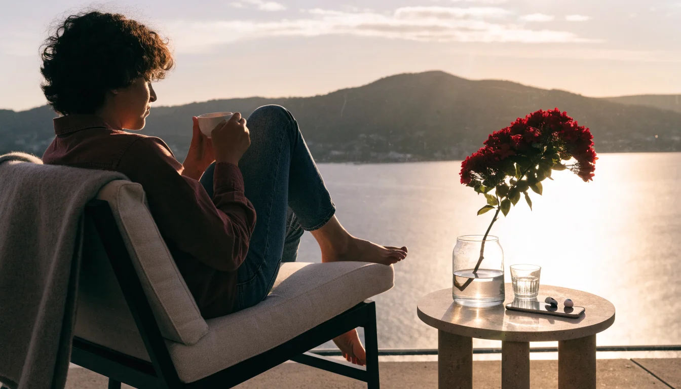 New Zealand evening balcony scene with smartphone and coffee at golden hour