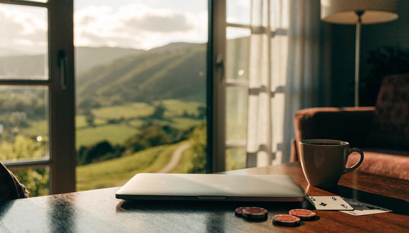 Casino chips and cards on a table beside a closed laptop with New Zealand hills outside the window.