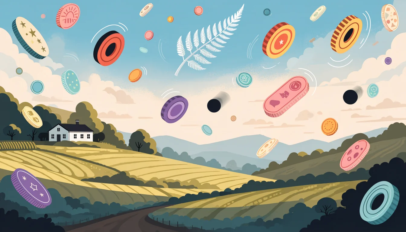 Illustration of spinning tokens over New Zealand landscape with silver fern
