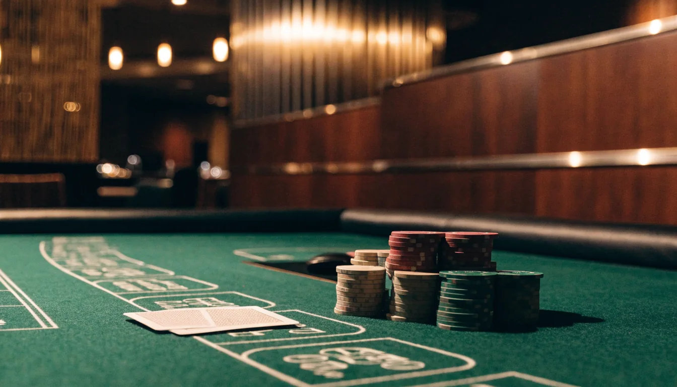 Atmospheric casino blackjack table with chip stacks and face-down cards under warm amber lighting