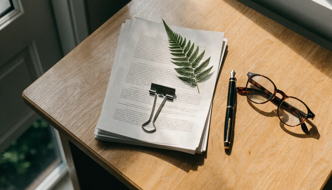 Formal documents on wooden desk with silver fern