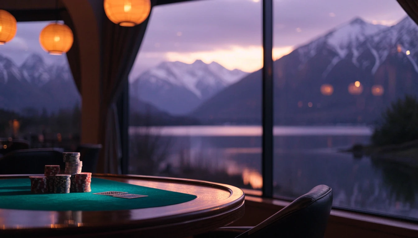 Elegant casino lounge with chips and cards on a felt table, New Zealand mountains at sunset through a panoramic window.